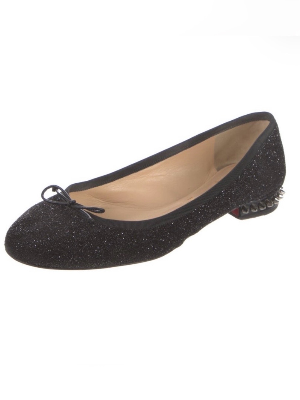 Christian Louboutin Black Glitter Ballet Flat with Bow and Studded Heel